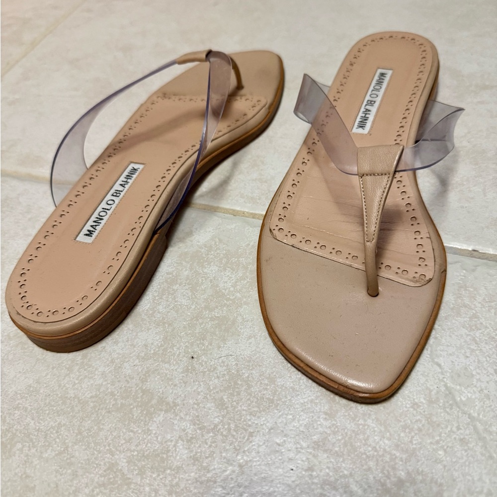 Manolo Blahnik Nude Leather & PVC Thong Sandals